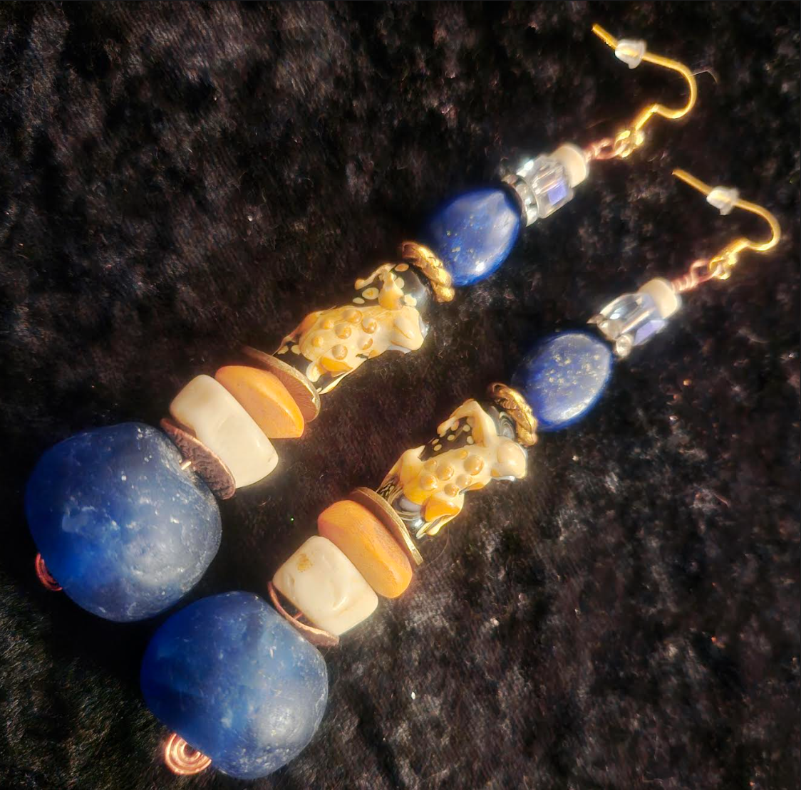 Funky Lizard or Gecko Beaded Pierced Earrings - Blue Beige Orange and Gold Shoulder Duster Earrings - Jeans Jewelry - Kat Kouture Jewelry