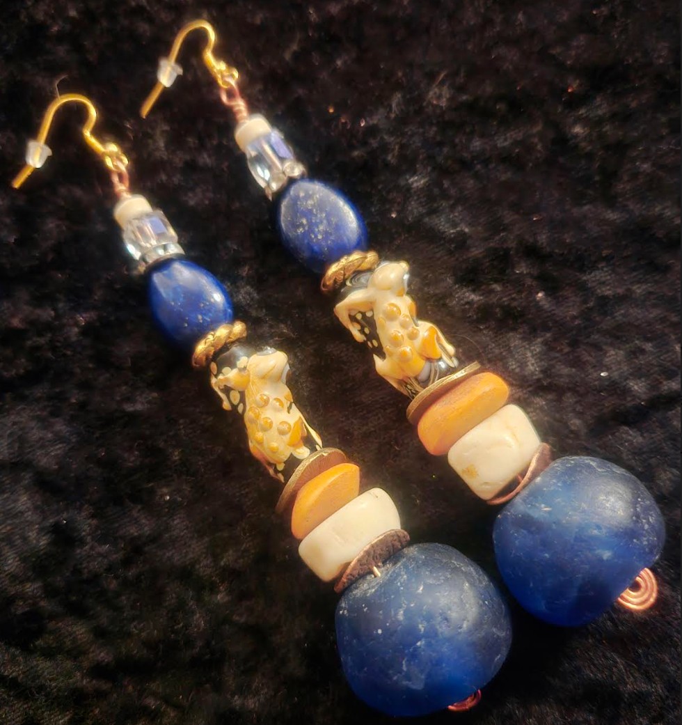 Funky Lizard or Gecko Beaded Pierced Earrings - Blue Beige Orange and Gold Shoulder Duster Earrings - Jeans Jewelry - Kat Kouture Jewelry