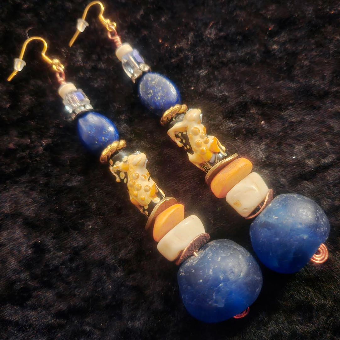 Funky Lizard or Gecko Beaded Pierced Earrings - Blue Beige Orange and Gold Shoulder Duster Earrings - Jeans Jewelry - Kat Kouture Jewelry