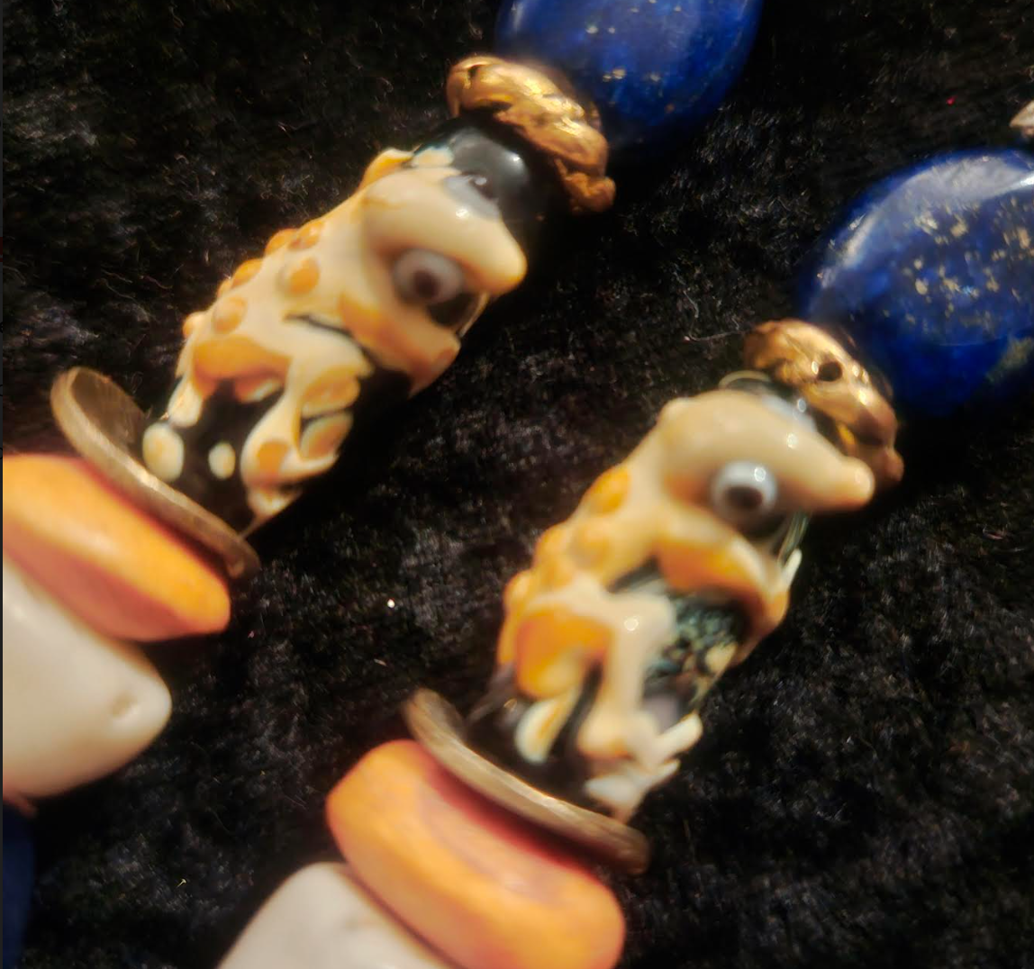 Funky Lizard or Gecko Beaded Pierced Earrings - Blue Beige Orange and Gold Shoulder Duster Earrings - Jeans Jewelry - Kat Kouture Jewelry