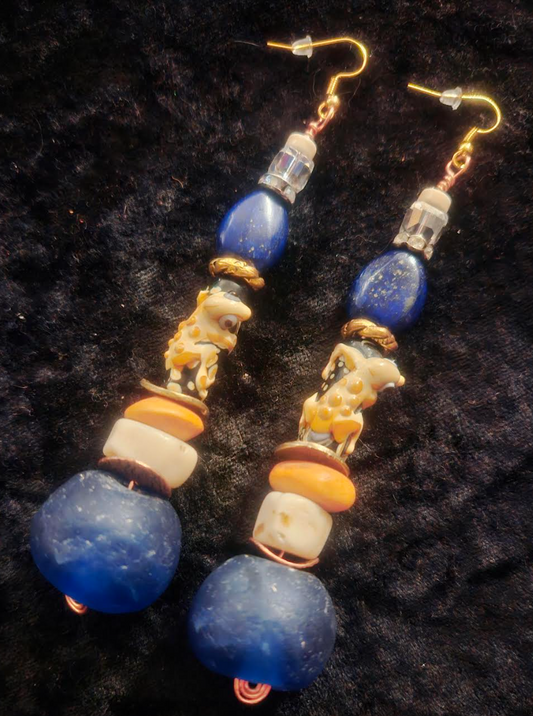 Funky Lizard or Gecko Beaded Pierced Earrings - Blue Beige Orange and Gold Shoulder Duster Earrings - Jeans Jewelry - Kat Kouture Jewelry