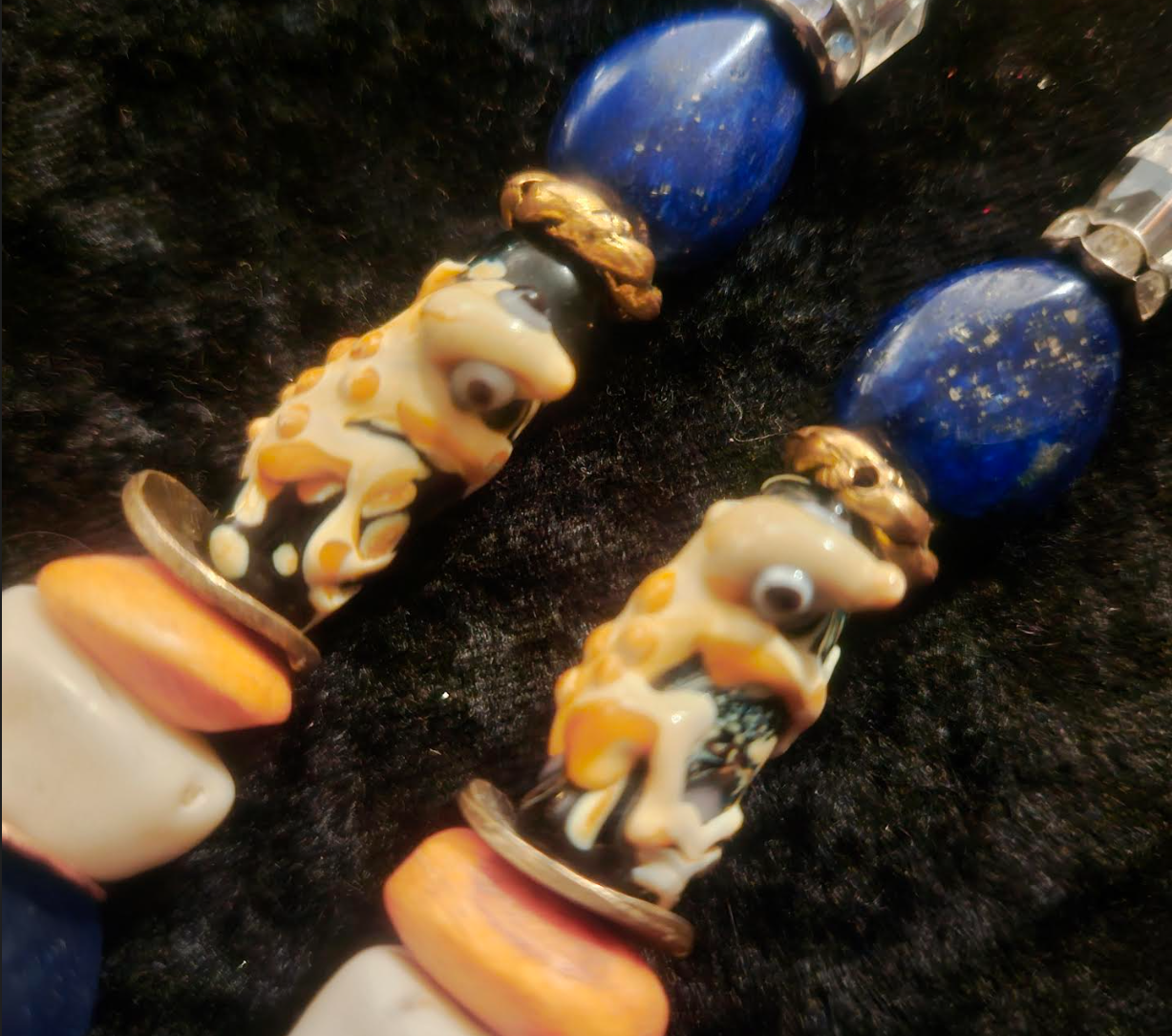 Funky Lizard or Gecko Beaded Pierced Earrings - Blue Beige Orange and Gold Shoulder Duster Earrings - Jeans Jewelry - Kat Kouture Jewelry