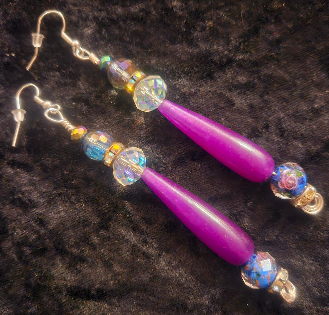 Feminine Purple Agate & Floral Lampwork Beaded Drop Earrings - Crystal Dangle Pierced Earrings - Bridal Wedding Venue Accessories - Kat Kouture Jewelry