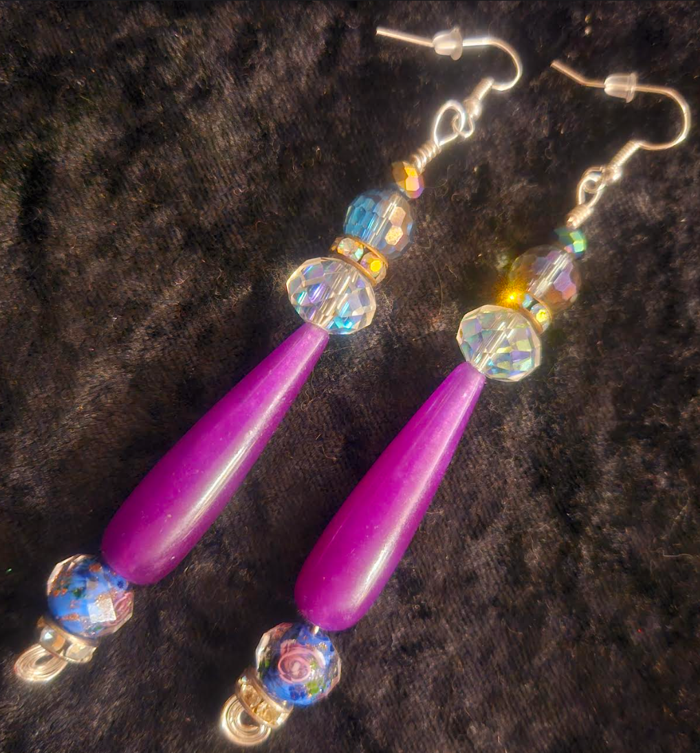 Feminine Purple Agate & Floral Lampwork Beaded Drop Earrings - Crystal Dangle Pierced Earrings - Bridal Wedding Venue Accessories - Kat Kouture Jewelry