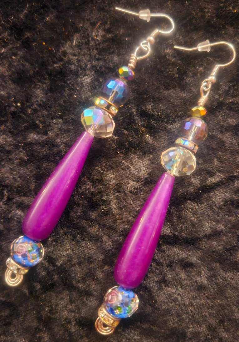 Feminine Purple Agate & Floral Lampwork Beaded Drop Earrings - Crystal Dangle Pierced Earrings - Bridal Wedding Venue Accessories - Kat Kouture Jewelry