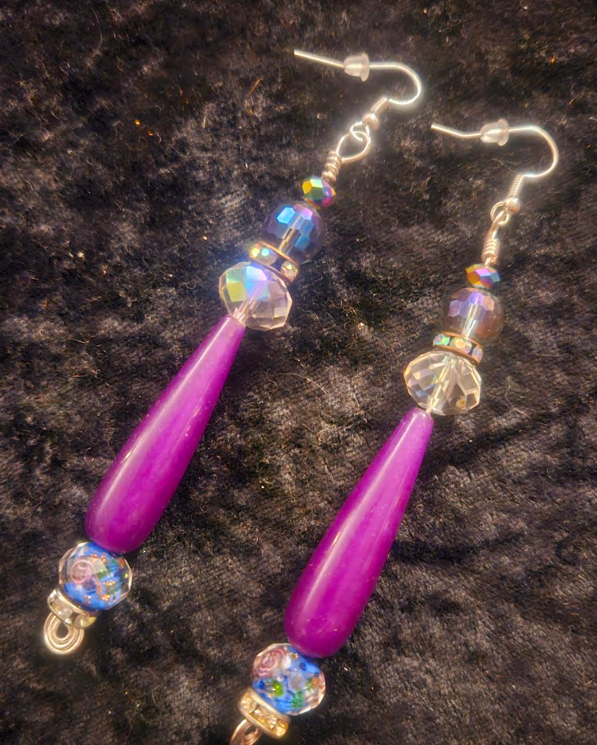 Feminine Purple Agate & Floral Lampwork Beaded Drop Earrings - Crystal Dangle Pierced Earrings - Bridal Wedding Venue Accessories - Kat Kouture Jewelry