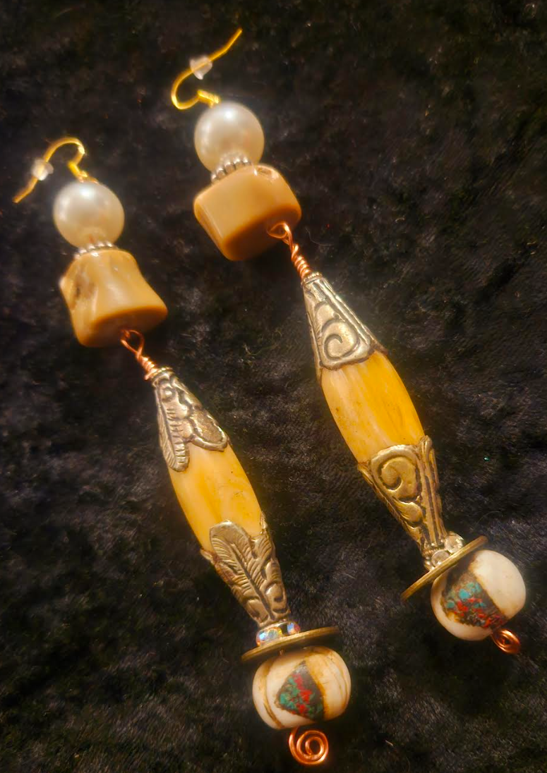 Tibetan Repousse Shell Tribal Beaded Pierced Earrings - Earth Tone Exotic Ocean Component Shoulder Dusters - Yacht and Swimwear Accessory - Kat Kouture Jewelry