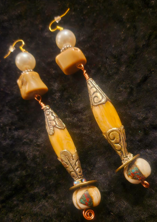 Tibetan Repousse Shell Tribal Beaded Pierced Earrings - Earth Tone Exotic Ocean Component Shoulder Dusters - Yacht and Swimwear Accessory - Kat Kouture Jewelry