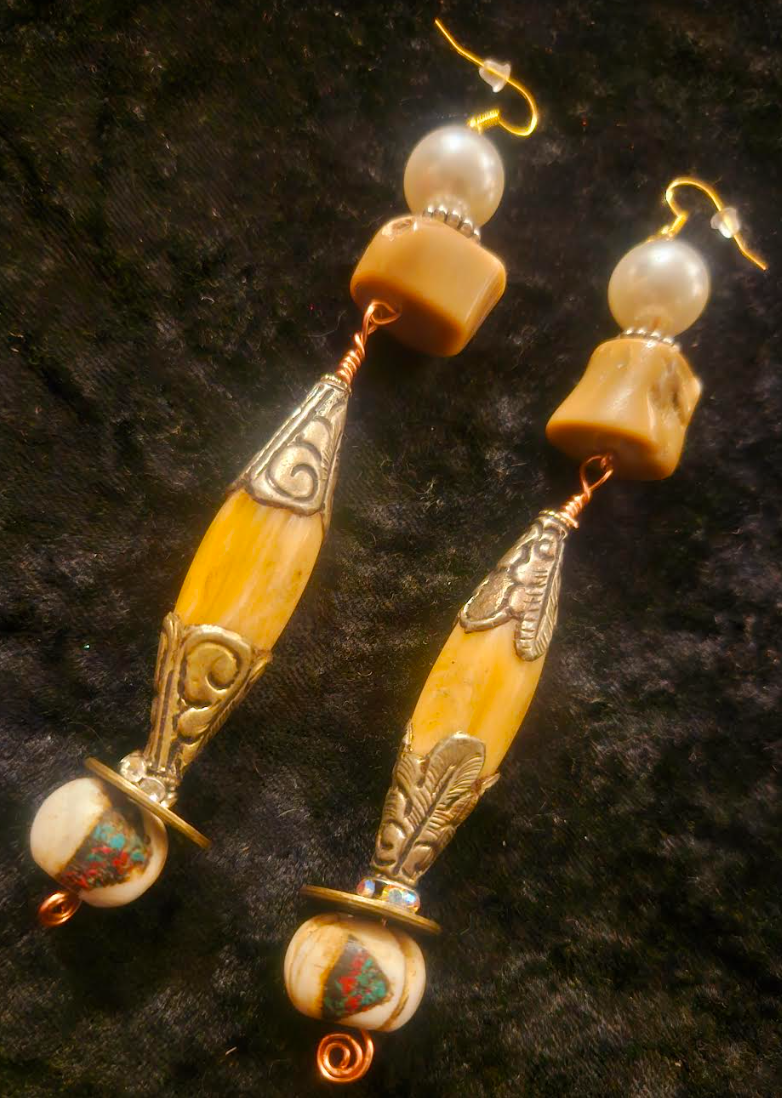 Tibetan Repousse Shell Tribal Beaded Pierced Earrings - Earth Tone Exotic Ocean Component Shoulder Dusters - Yacht and Swimwear Accessory - Kat Kouture Jewelry