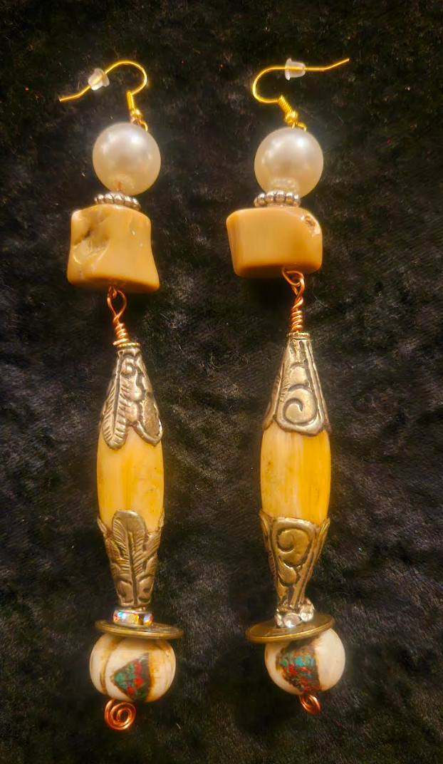 Tibetan Repousse Shell Tribal Beaded Pierced Earrings - Earth Tone Exotic Ocean Component Shoulder Dusters - Yacht and Swimwear Accessory - Kat Kouture Jewelry