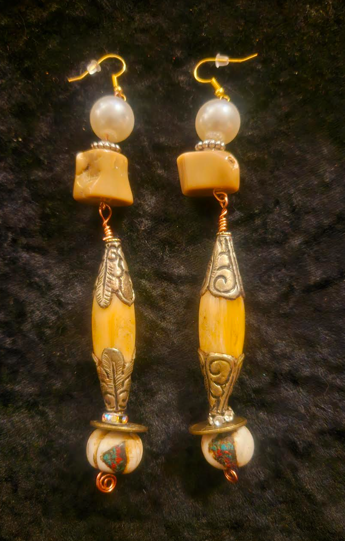 Tibetan Repousse Shell Tribal Beaded Pierced Earrings - Earth Tone Exotic Ocean Component Shoulder Dusters - Yacht and Swimwear Accessory - Kat Kouture Jewelry