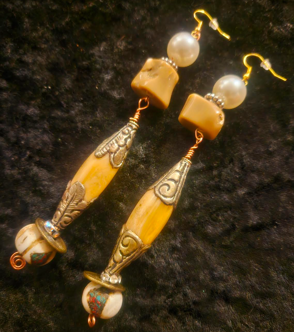 Tibetan Repousse Shell Tribal Beaded Pierced Earrings - Earth Tone Exotic Ocean Component Shoulder Dusters - Yacht and Swimwear Accessory - Kat Kouture Jewelry