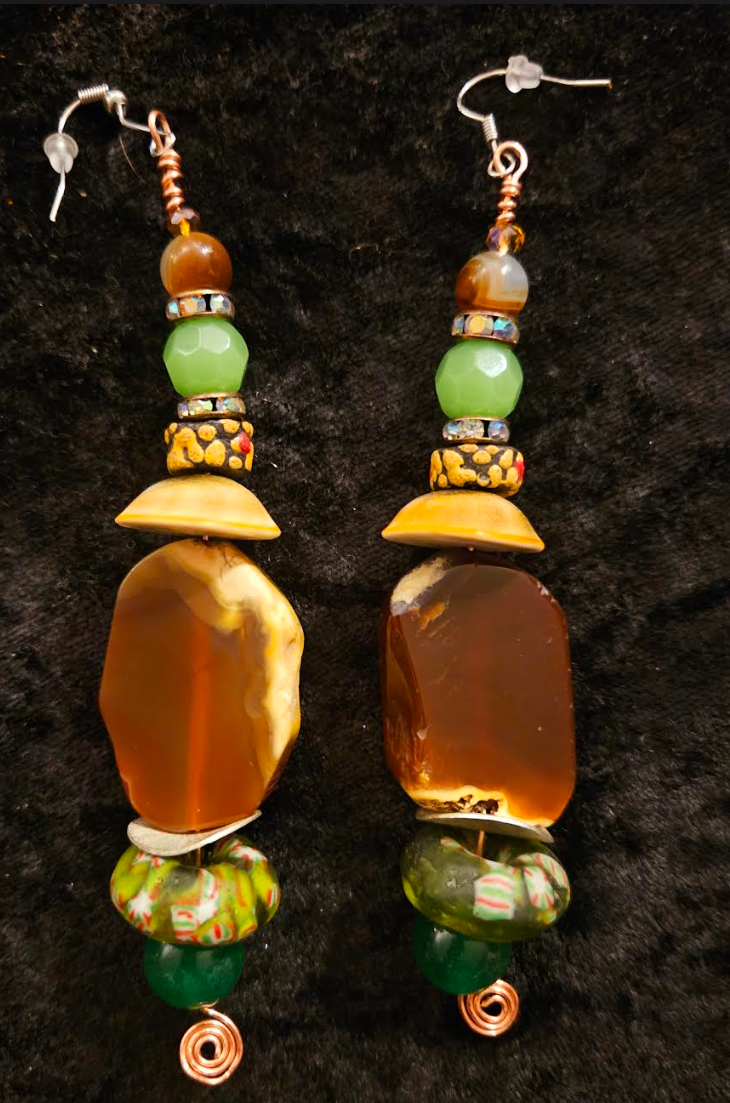 Agate & Earth Tone Beaded Dangle Pierced Earrings - Brown and Green Beaded Shoulder Duster Ear Candy - Kat Kouture