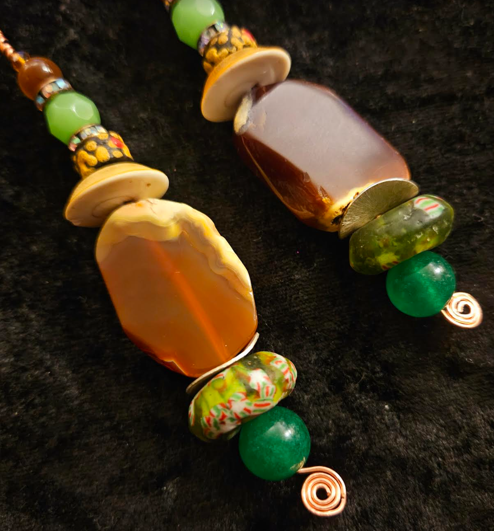 Agate & Earth Tone Beaded Dangle Pierced Earrings - Brown and Green Beaded Shoulder Duster Ear Candy - Kat Kouture