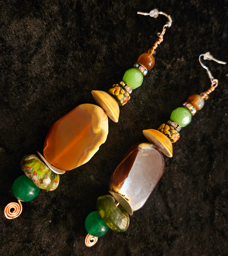 Agate & Earth Tone Beaded Dangle Pierced Earrings - Brown and Green Beaded Shoulder Duster Ear Candy - Kat Kouture