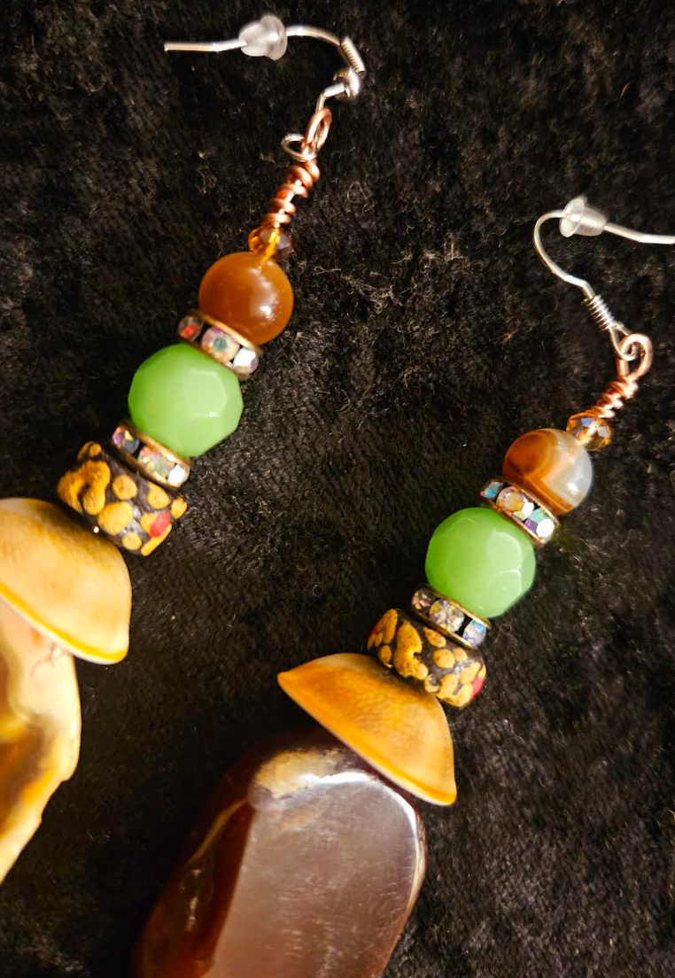 Agate & Earth Tone Beaded Dangle Pierced Earrings - Brown and Green Beaded Shoulder Duster Ear Candy - Kat Kouture