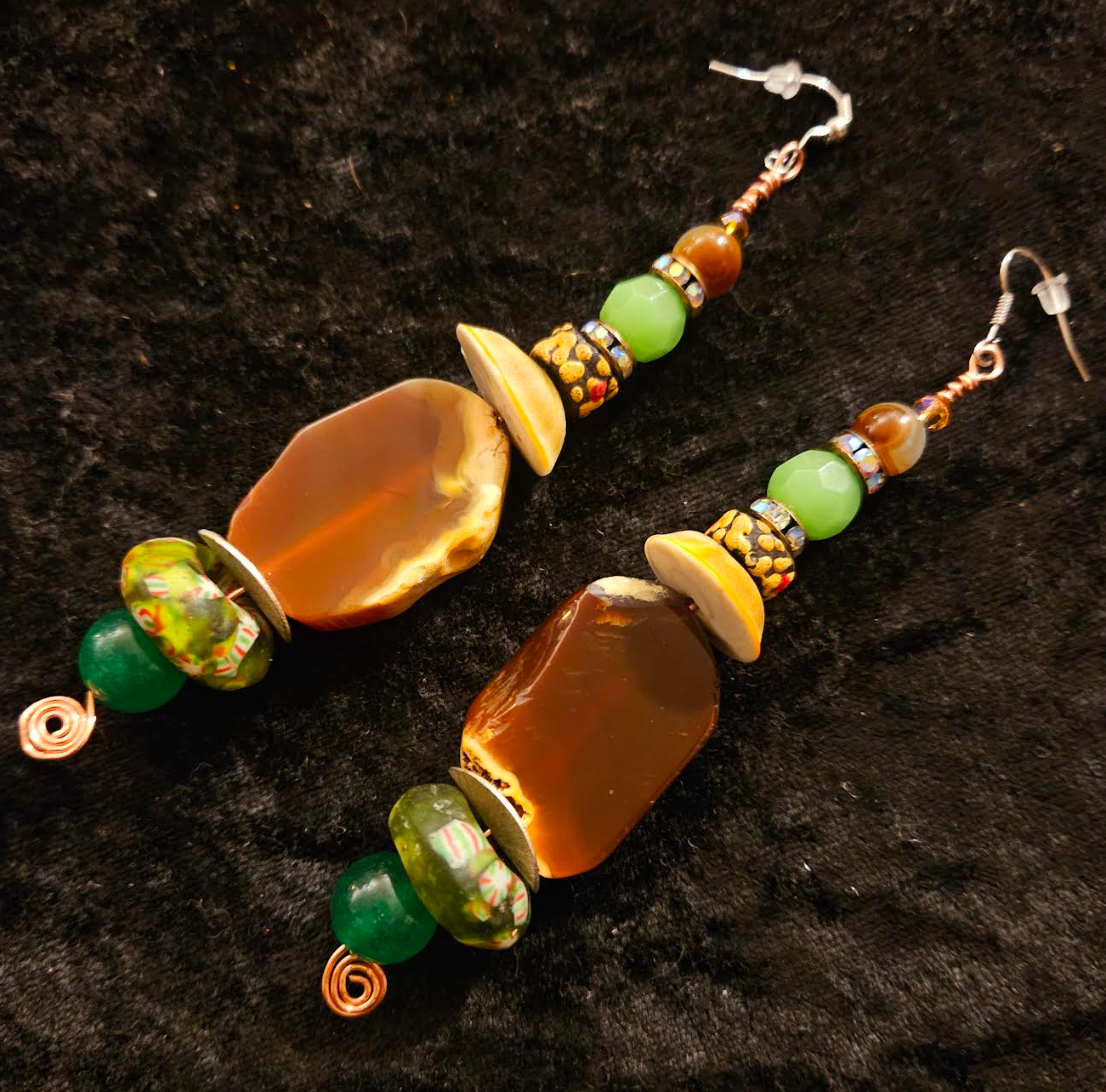 Agate & Earth Tone Beaded Dangle Pierced Earrings - Brown and Green Beaded Shoulder Duster Ear Candy - Kat Kouture