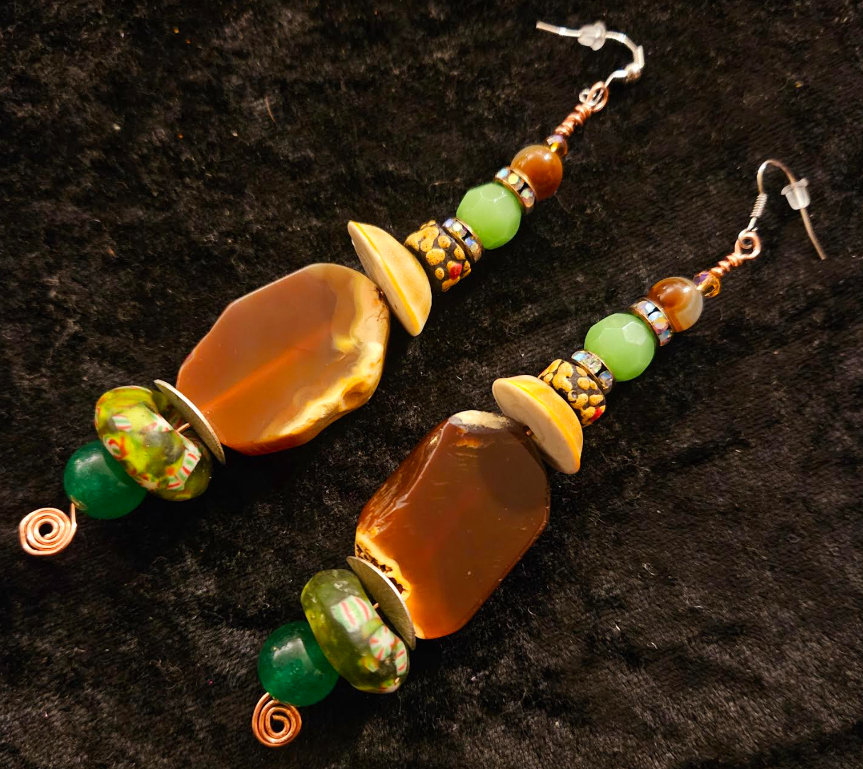 Agate & Earth Tone Beaded Dangle Pierced Earrings - Brown and Green Beaded Shoulder Duster Ear Candy - Kat Kouture