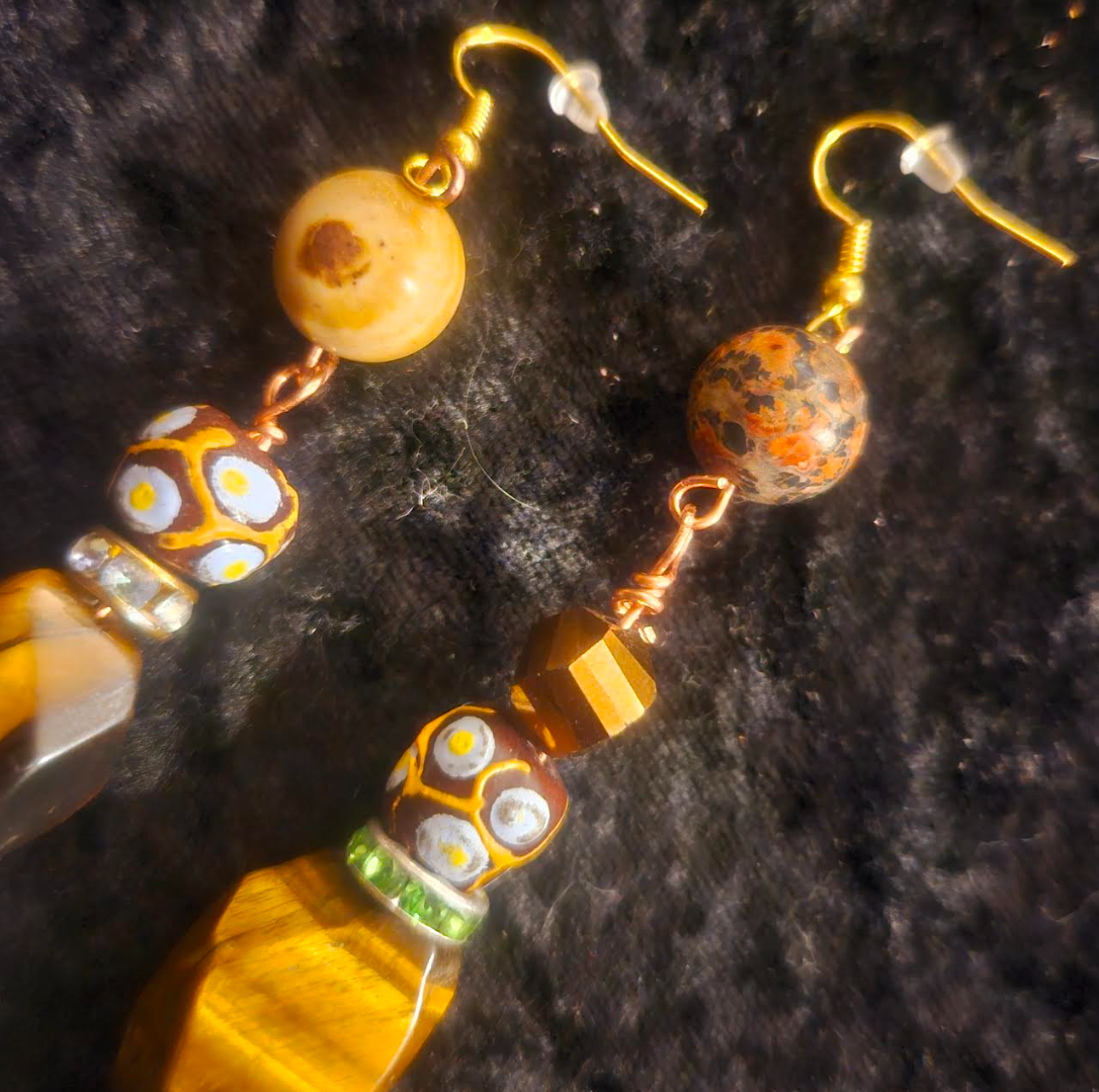 Mixed Media Pierced Dangle Earrings - Earth Tone Gemstone and Bone Shoulder Duster Earrings -  Kat Kouture Jewelry