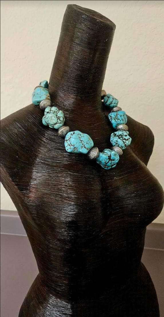 Magnesite Freeform Boulder Statement Necklace Unisex Styled - Cowgirl Styled Faux Turquoise Neck Candy - Iris Apfel Lookbook - Kat Kouture Jewelry