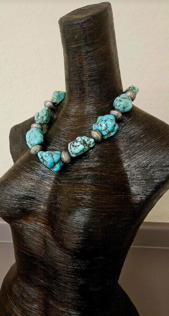 Magnesite Freeform Boulder Statement Necklace Unisex Styled - Cowgirl Styled Faux Turquoise Neck Candy - Iris Apfel Lookbook - Kat Kouture Jewelry