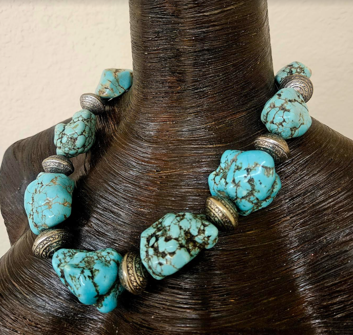 Magnesite Freeform Boulder Statement Necklace Unisex Styled - Cowgirl Styled Faux Turquoise Neck Candy - Iris Apfel Lookbook - Kat Kouture Jewelry