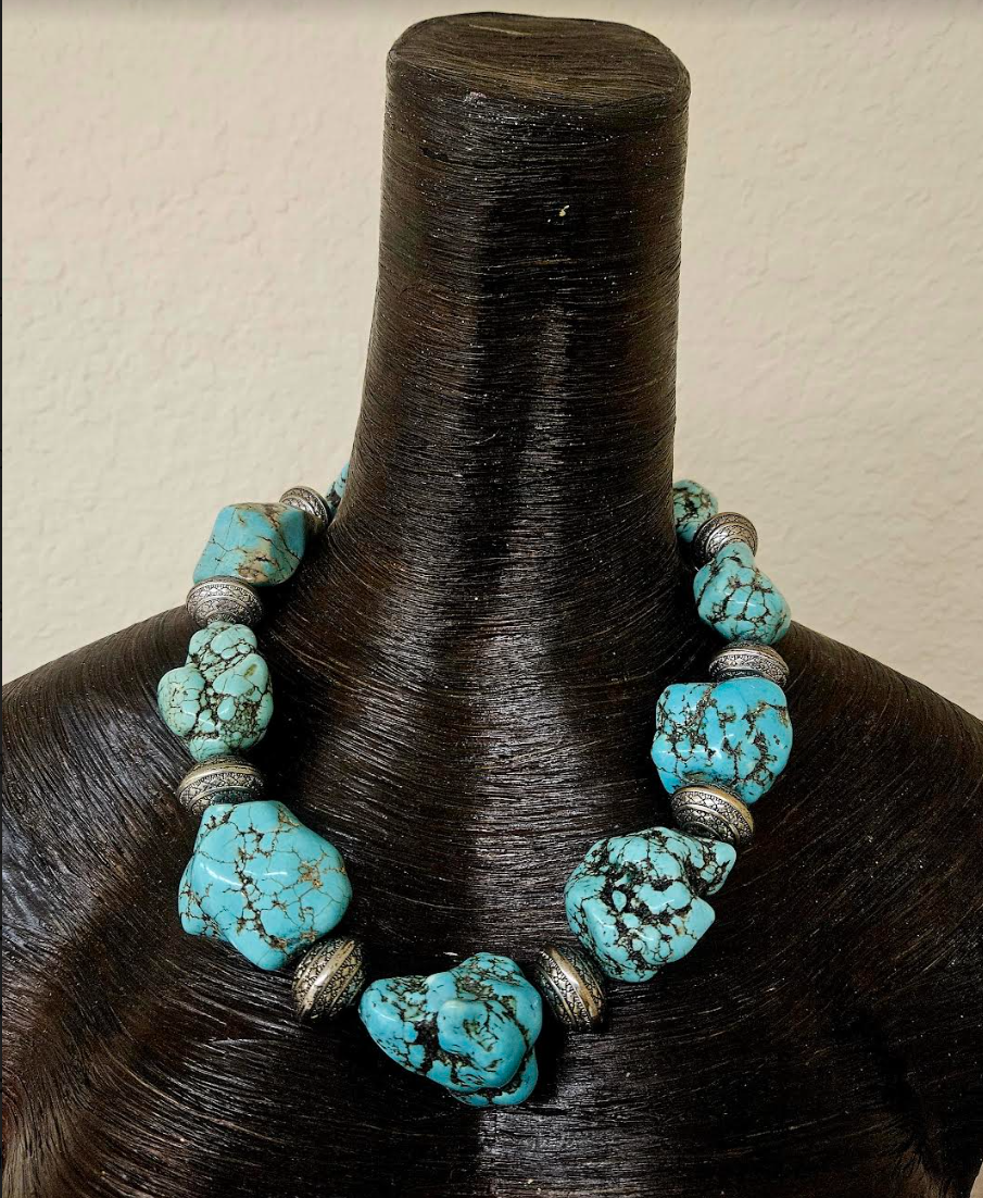 Magnesite Freeform Boulder Statement Necklace Unisex Styled - Cowgirl Styled Faux Turquoise Neck Candy - Iris Apfel Lookbook - Kat Kouture Jewelry