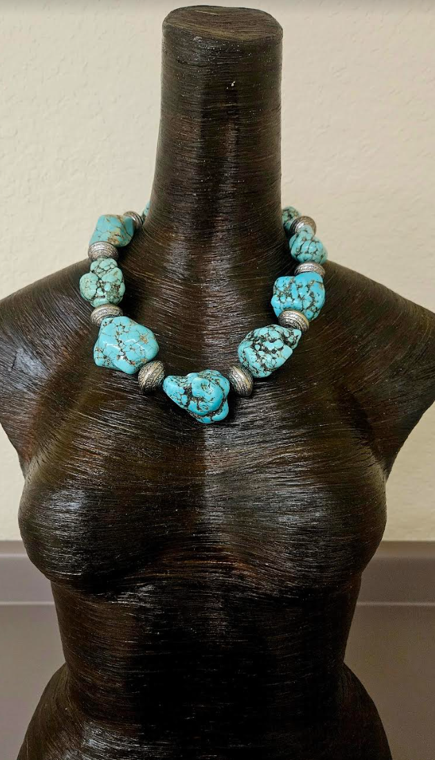 Magnesite Freeform Boulder Statement Necklace Unisex Styled - Cowgirl Styled Faux Turquoise Neck Candy - Iris Apfel Lookbook - Kat Kouture Jewelry