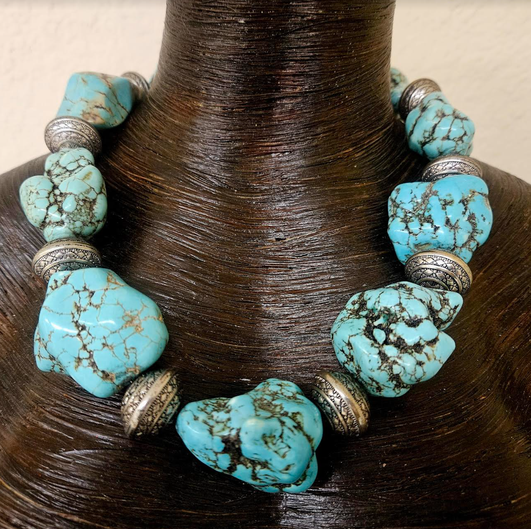 Magnesite Freeform Boulder Statement Necklace Unisex Styled - Cowgirl Styled Faux Turquoise Neck Candy - Iris Apfel Lookbook - Kat Kouture Jewelry