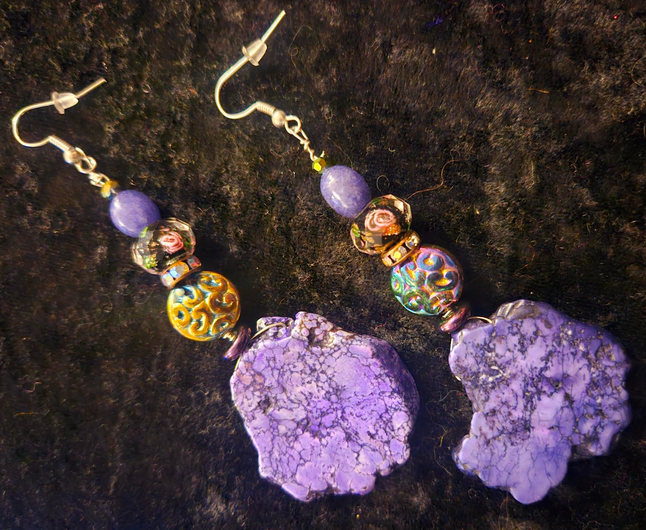 Purple Howlite Slab Dangle Pierced Earrings - Fancy Purple Crystal Long Drop Earrings - Shoulder Duster Gemstone Earrings - Kat Kouture Jewelry