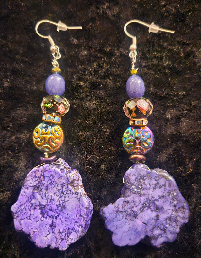 Purple Howlite Slab Dangle Pierced Earrings - Fancy Purple Crystal Long Drop Earrings - Shoulder Duster Gemstone Earrings - Kat Kouture Jewelry