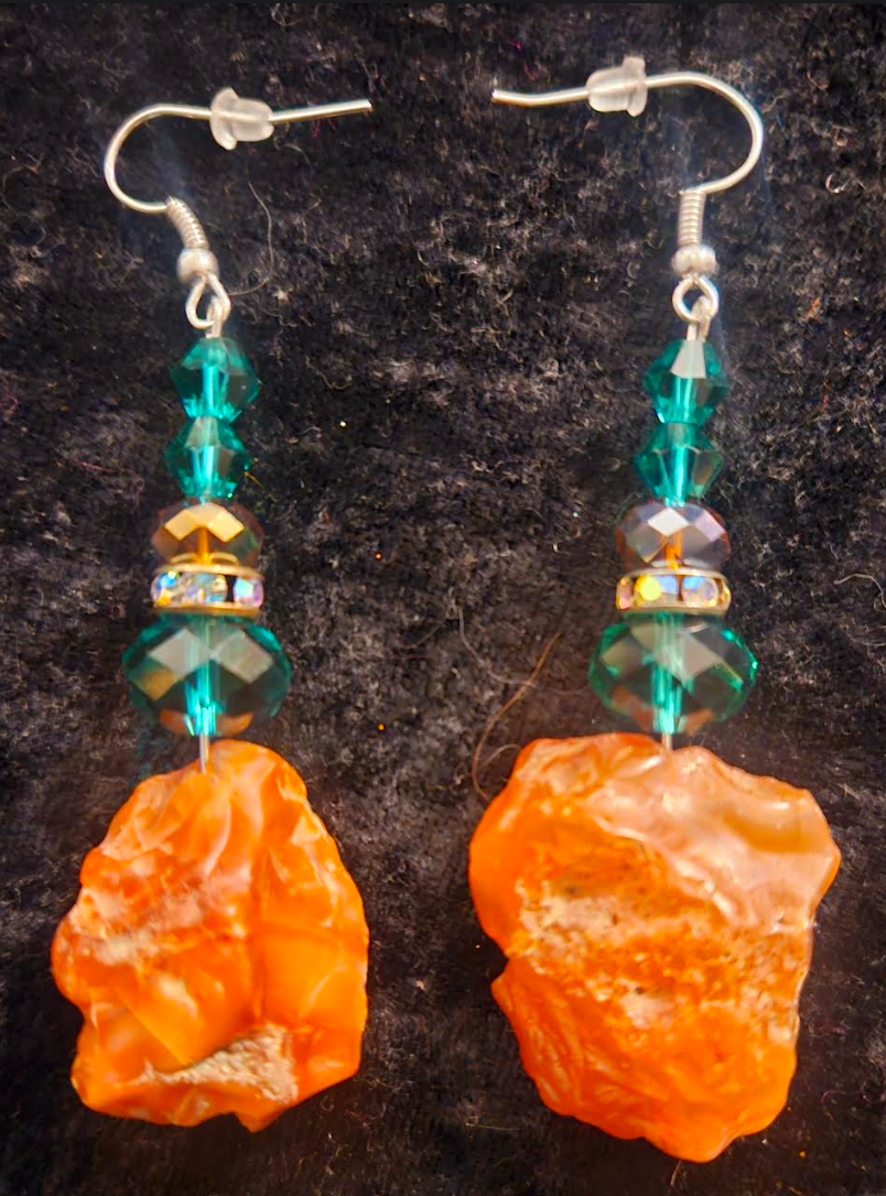 Rough Carnelian & Emerald Green Crystal Pierced Earrings - Bold and Colorful Drop Earrings - Women of Color - Kat Kouture Jewelry