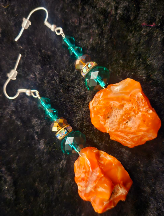 Rough Carnelian & Emerald Green Crystal Pierced Earrings - Bold and Colorful Drop Earrings - Women of Color - Kat Kouture Jewelry