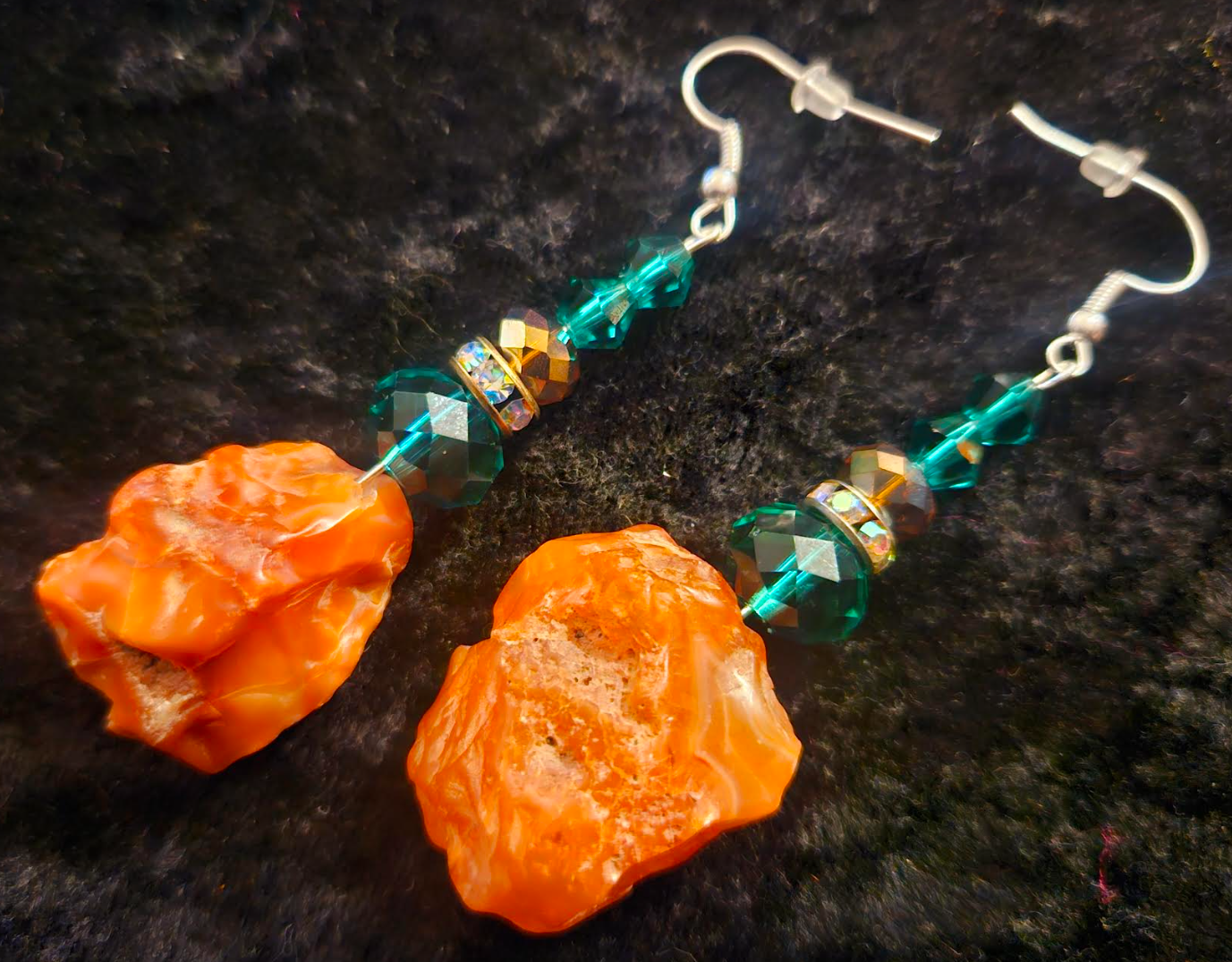 Rough Carnelian & Emerald Green Crystal Pierced Earrings - Bold and Colorful Drop Earrings - Women of Color - Kat Kouture Jewelry