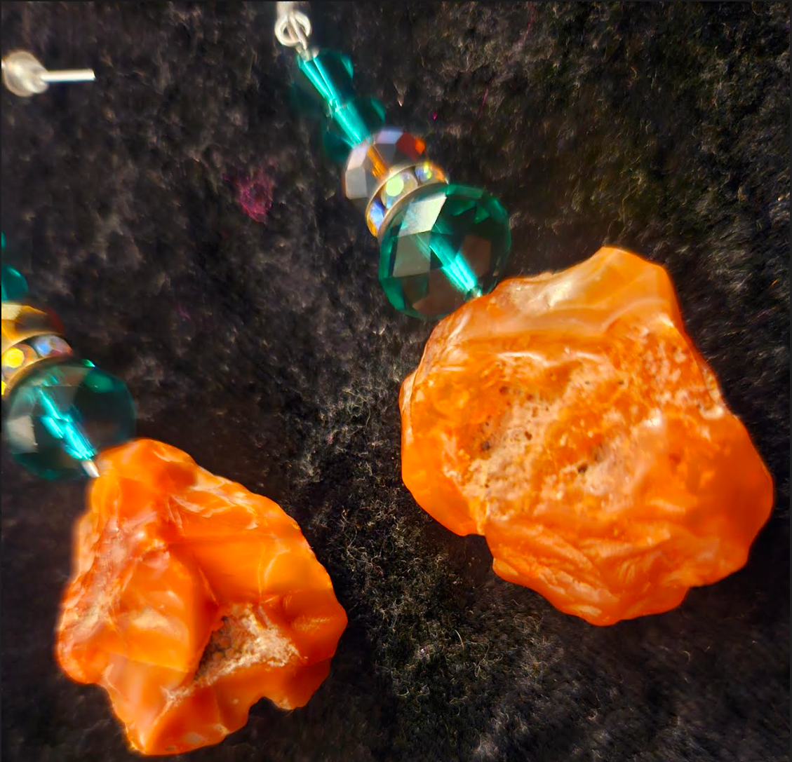 Rough Carnelian & Emerald Green Crystal Pierced Earrings - Bold and Colorful Drop Earrings - Women of Color - Kat Kouture Jewelry