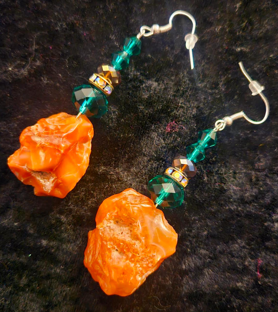 Rough Carnelian & Emerald Green Crystal Pierced Earrings - Bold and Colorful Drop Earrings - Women of Color - Kat Kouture Jewelry