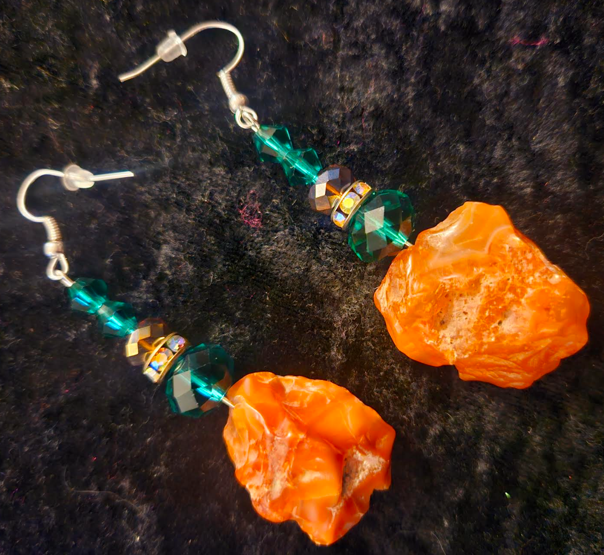 Rough Carnelian & Emerald Green Crystal Pierced Earrings - Bold and Colorful Drop Earrings - Women of Color - Kat Kouture Jewelry