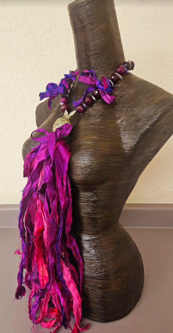 Distressed Purple & Pink Sari Silk Chest Piece with Plum Agate Necklage - OOAK Textile Wearable Art and Gemstone Chest Piece - Kat Kouture Jewelry