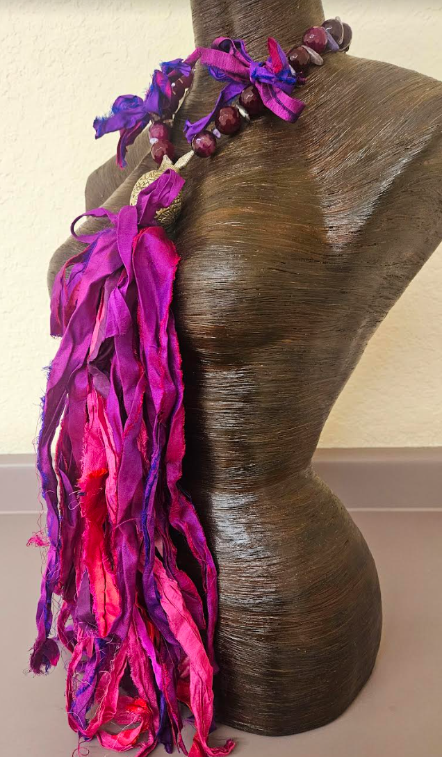 Distressed Purple & Pink Sari Silk Chest Piece with Plum Agate Necklage - OOAK Textile Wearable Art and Gemstone Chest Piece - Kat Kouture Jewelry