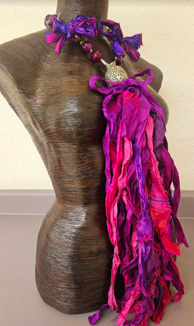 Distressed Purple & Pink Sari Silk Chest Piece with Plum Agate Necklage - OOAK Textile Wearable Art and Gemstone Chest Piece - Kat Kouture Jewelry