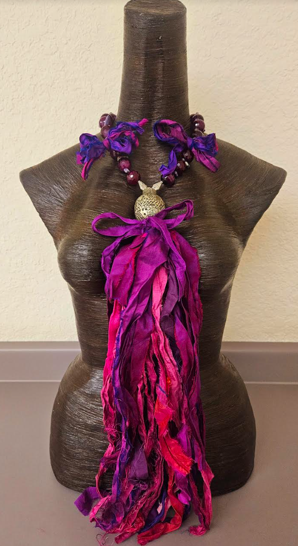 Distressed Purple & Pink Sari Silk Chest Piece with Plum Agate Necklage - OOAK Textile Wearable Art and Gemstone Chest Piece - Kat Kouture Jewelry