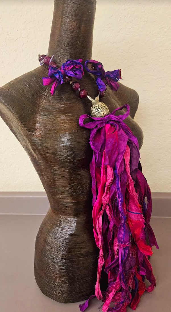 Distressed Purple & Pink Sari Silk Chest Piece with Plum Agate Necklage - OOAK Textile Wearable Art and Gemstone Chest Piece - Kat Kouture Jewelry