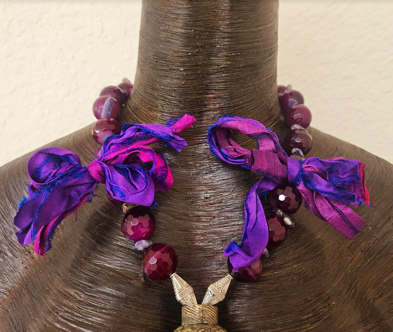 Distressed Purple & Pink Sari Silk Chest Piece with Plum Agate Necklage - OOAK Textile Wearable Art and Gemstone Chest Piece - Kat Kouture Jewelry