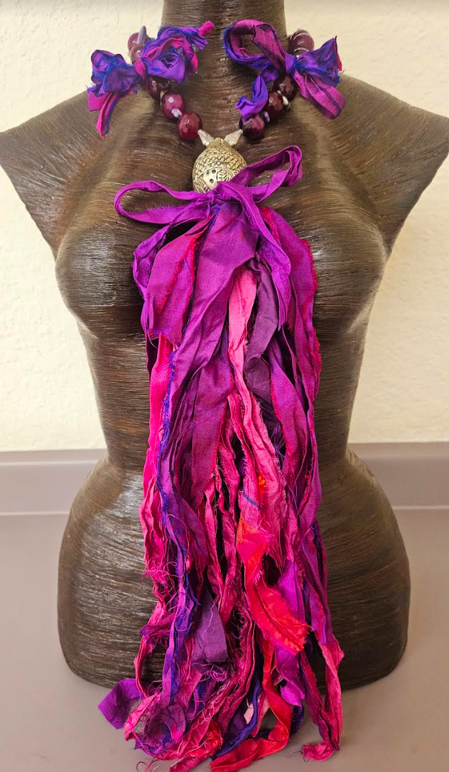 Distressed Purple & Pink Sari Silk Chest Piece with Plum Agate Necklage - OOAK Textile Wearable Art and Gemstone Chest Piece - Kat Kouture Jewelry