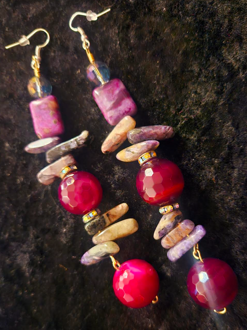 Faceted Plum Agate & Amethyst Beaded Dangle Pierced Earrings - Purple Gemstone Shoulder Duster Earrings - Kat Kouture Jewelry