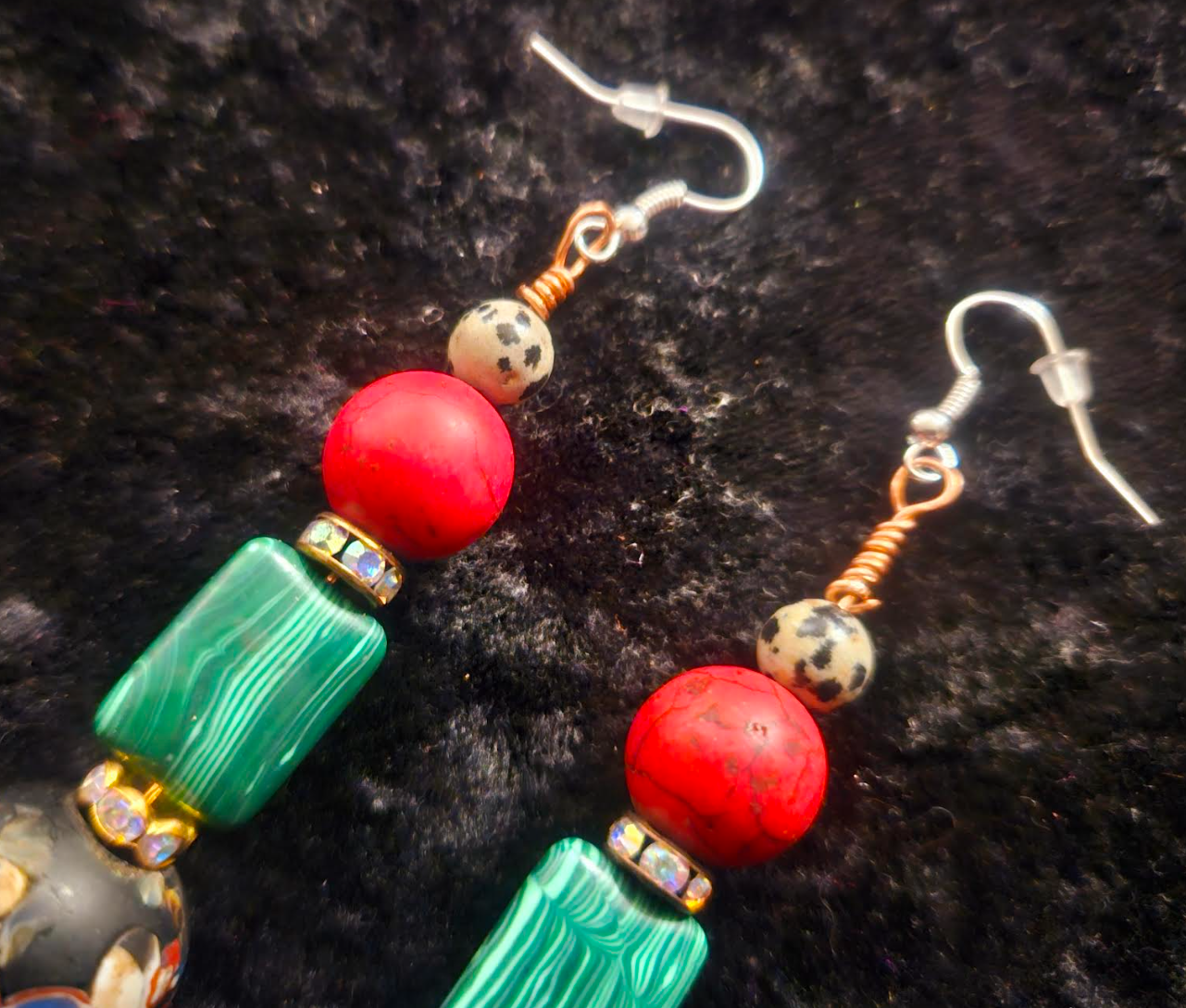 Red Green Cream and Blue Dangle Drop Pierced Earrings - Mixed Media Shoulder Duster Earrings - Jeans Jewelry - Kat Kouture Designs