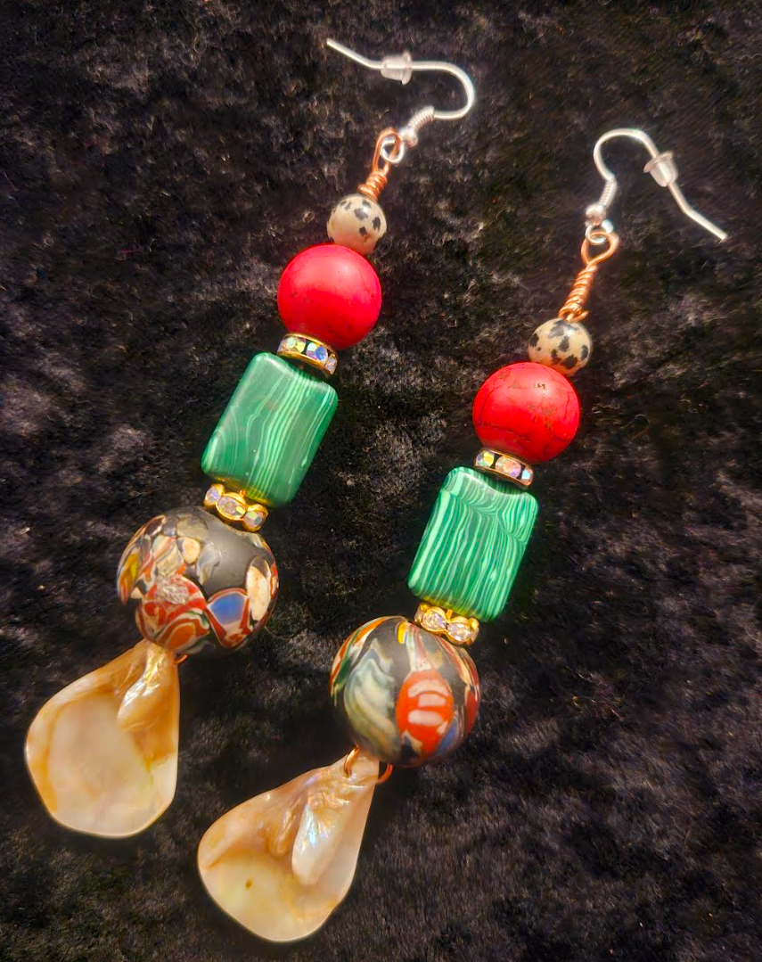 Red Green Cream and Blue Dangle Drop Pierced Earrings - Mixed Media Shoulder Duster Earrings - Jeans Jewelry - Kat Kouture Designs