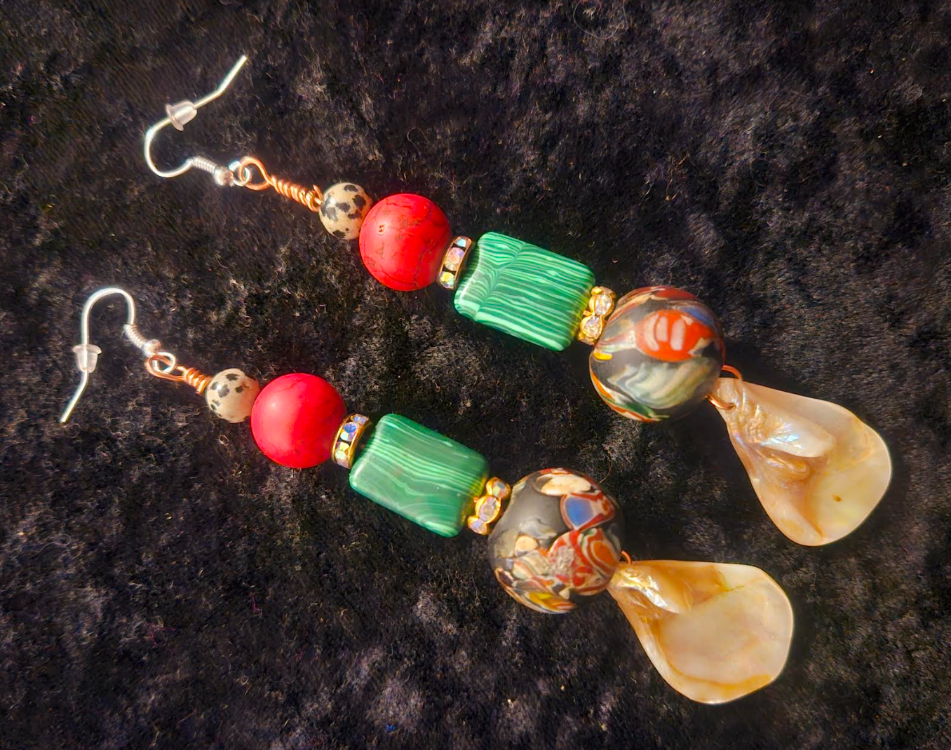 Red Green Cream and Blue Dangle Drop Pierced Earrings - Mixed Media Shoulder Duster Earrings - Jeans Jewelry - Kat Kouture Designs