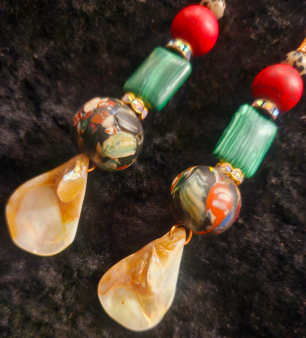 Red Green Cream and Blue Dangle Drop Pierced Earrings - Mixed Media Shoulder Duster Earrings - Jeans Jewelry - Kat Kouture Designs