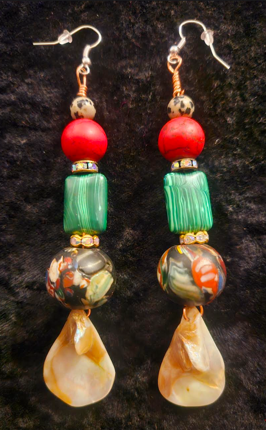 Red Green Cream and Blue Dangle Drop Pierced Earrings - Mixed Media Shoulder Duster Earrings - Jeans Jewelry - Kat Kouture Designs